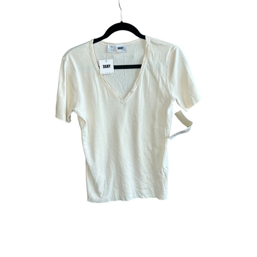DKNY Basic Cream Vintage V Neck Tee NWT $79 Size Large